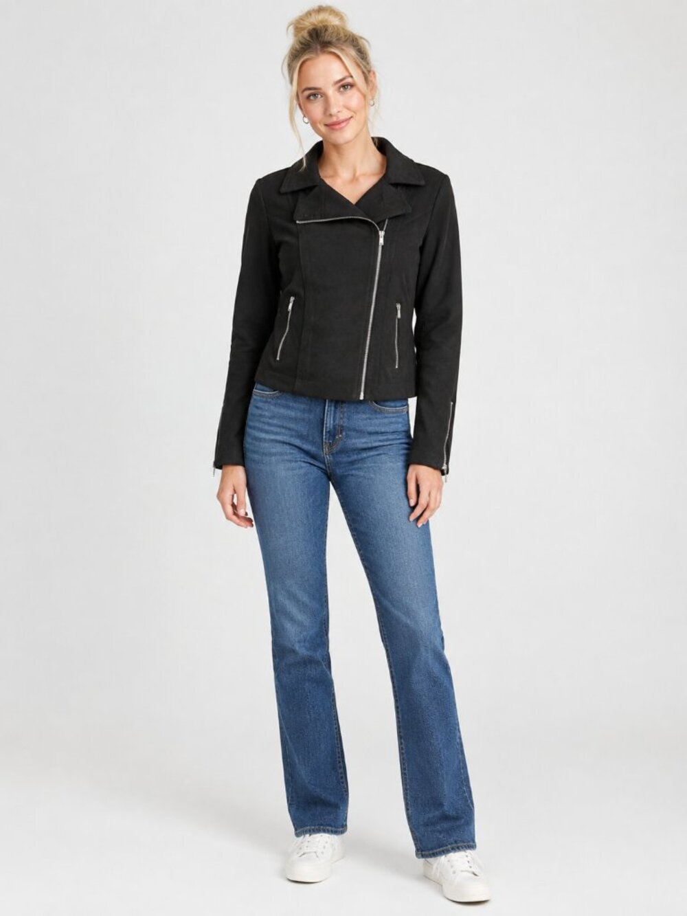 T Tahari Faux Leather Utility Zip-Pockewt Moto Jacket Asymmetric Black #A4416